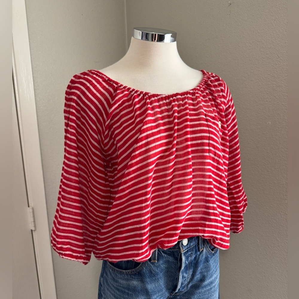J. Crew Red & White Sailor Striped Knit Peasant Top‎ Size XS